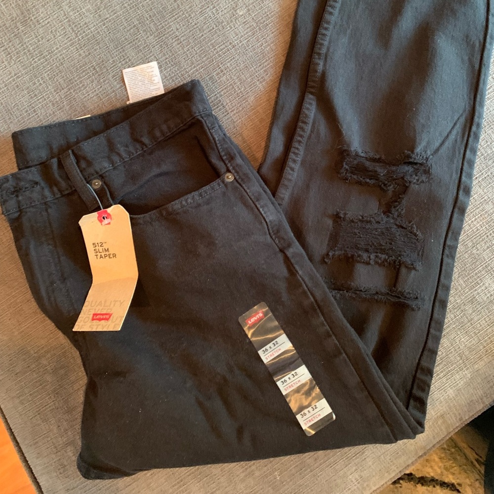 NWT mens levis 512 slim taper distressed black jeans 36x32